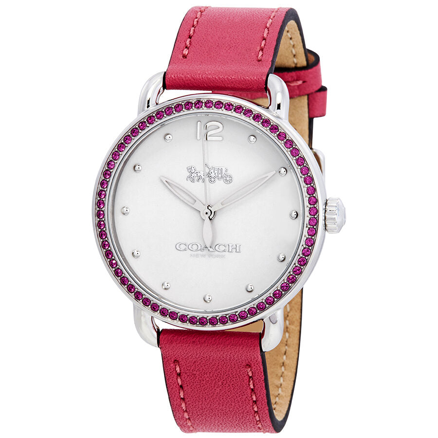 Coach Delancey Crystal White Dial Ladies Watch with pink leather strap and purple crystal bezel