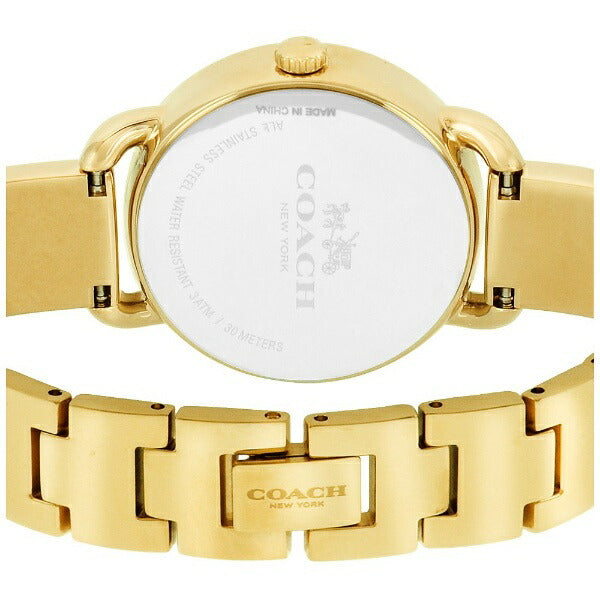 Coach Delancey Diamonds watch caseback and gold steel link bracelet with Coach branding