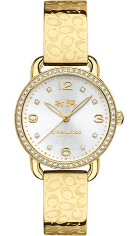 Coach Delancey Diamonds women's watch with silver dial, diamond hour markers, and gold patterned steel strap