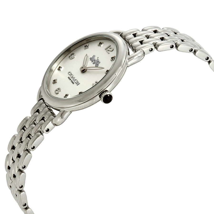 Coach Delancey Slim watch angled view showing silver dial and stainless steel band