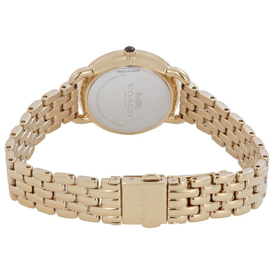 Back view of Coach Delancey Slim watch showing case back and gold tone bracelet clasp