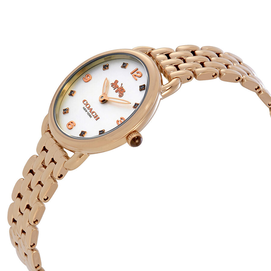 Coach Delancey Slim watch angled view showing silver dial and rose gold-tone bracelet