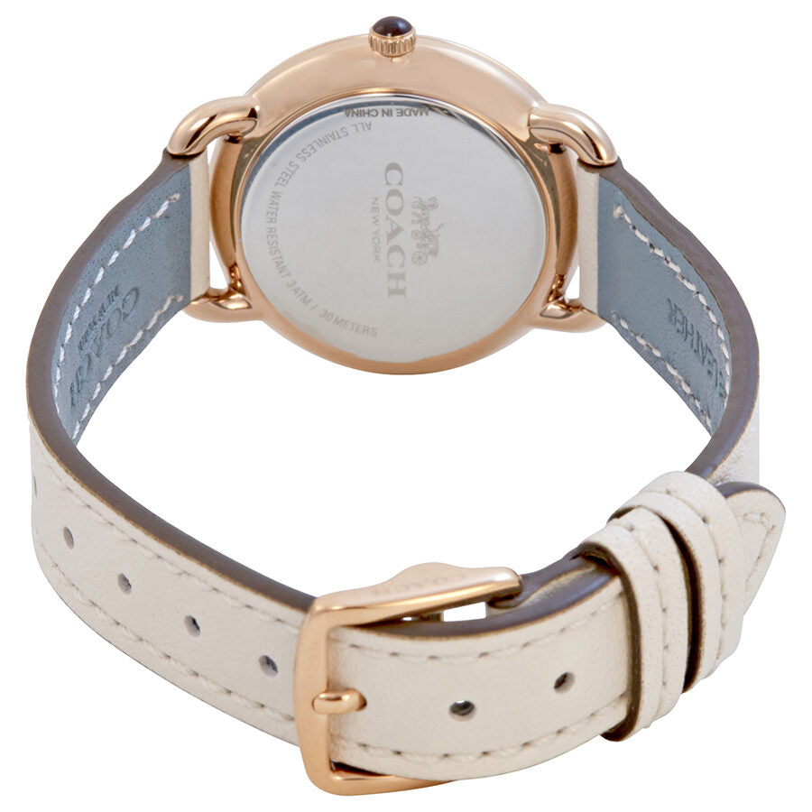 Coach Delancey Slim watch caseback with engraved Coach logo and white leather strap