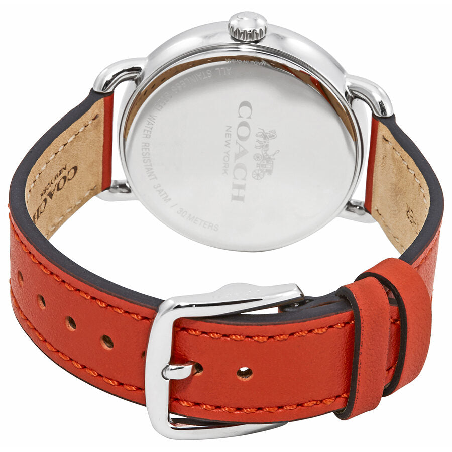 Coach Delancey watch caseback showing engraved text and coral leather strap with buckle