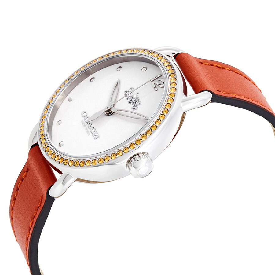 Coach Delancey watch angled view showing white dial and two-tone red and navy leather strap