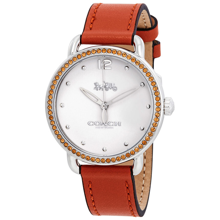 Coach Delancey white dial ladies watch with coral leather strap and crystal-set bezel