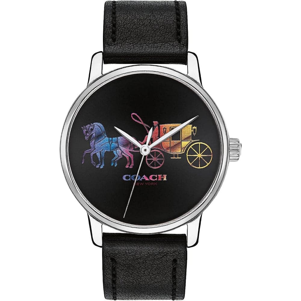 Coach Elegant Grand 36mm watch with black dial, colorful horse and carriage design, black leather strap