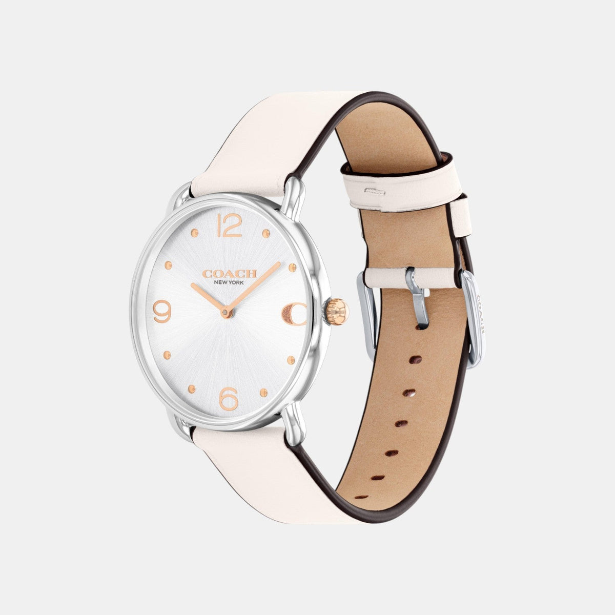 COACH Elliot watch from side view showing chalk white leather strap and stainless steel case