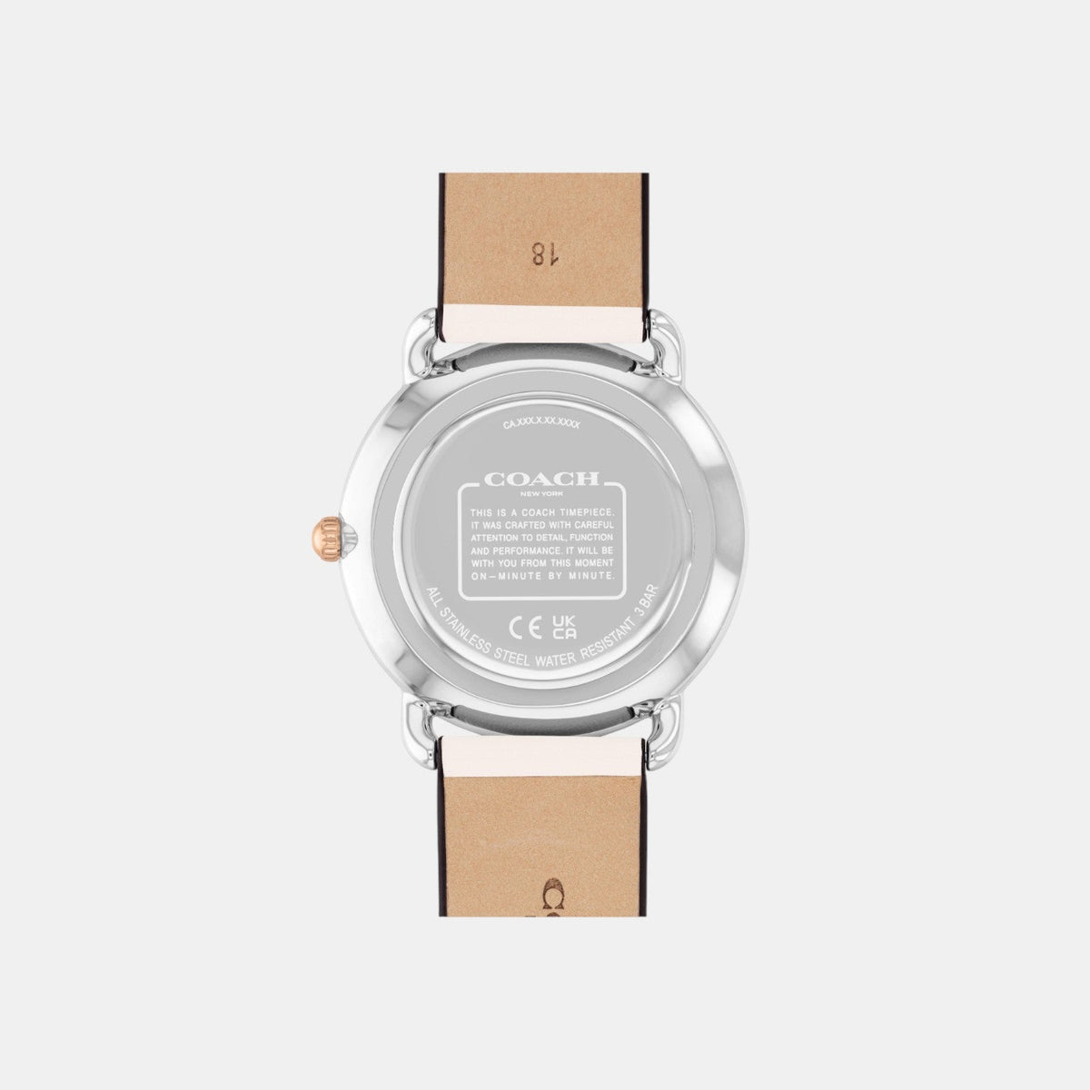 COACH Elliot watch caseback showing stainless steel case back and leather strap detail