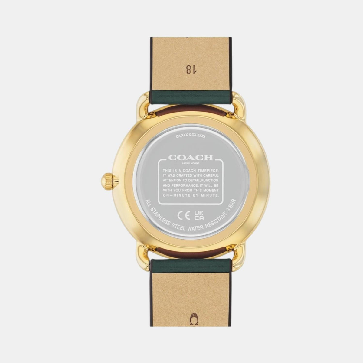Coach Elliot watch caseback with silver-tone metal back and Coach branding