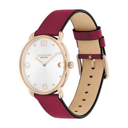 Coach Elliot watch side view showing burgundy leather strap and rose gold case detail
