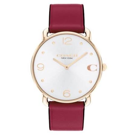 Coach Elliot ladies watch with silver dial, rose gold case, and burgundy leather strap
