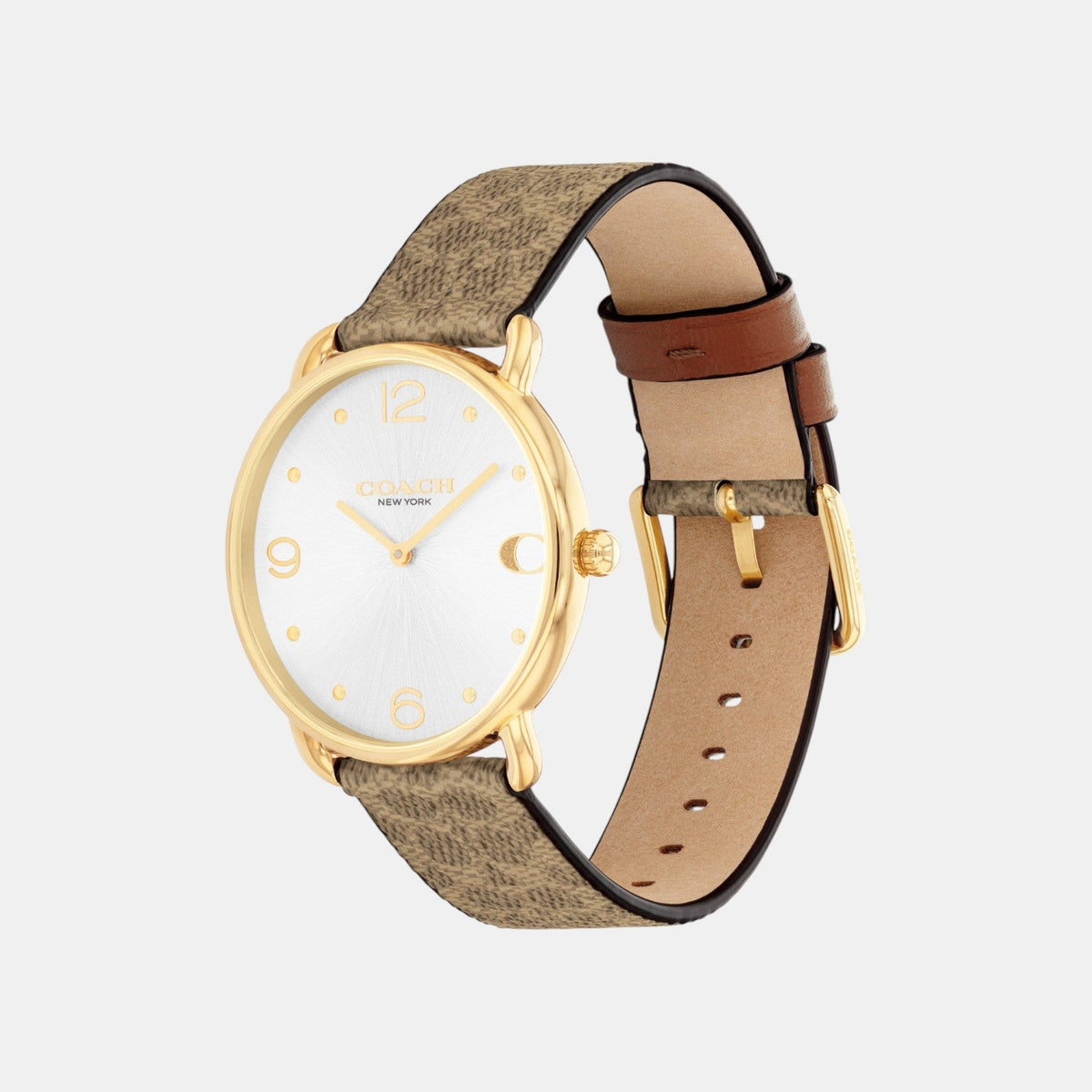Side profile view of Coach Elliot watch showing tan canvas and leather strap against gold-tone case