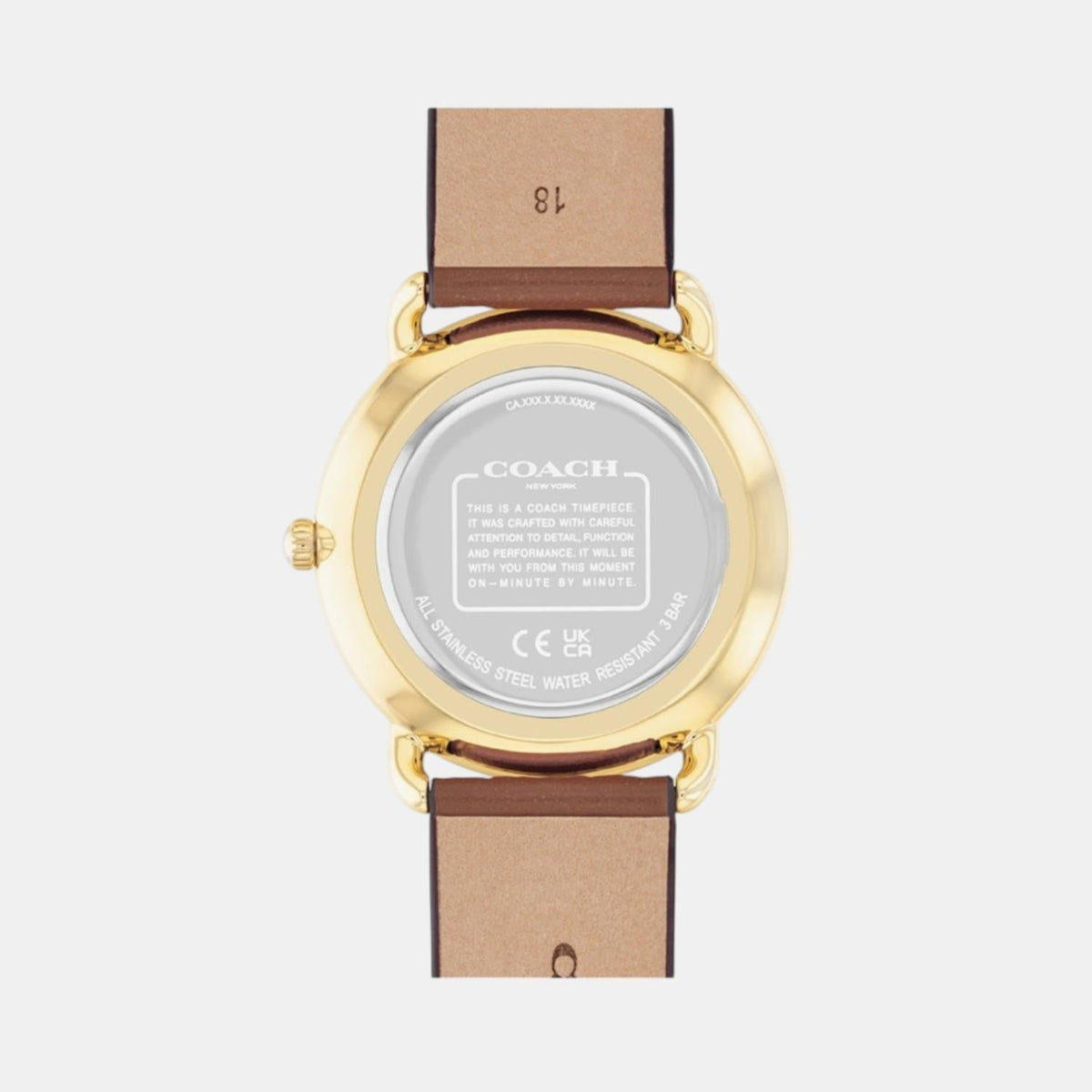 Coach Elliot watch caseback with logo and specifications on stainless steel