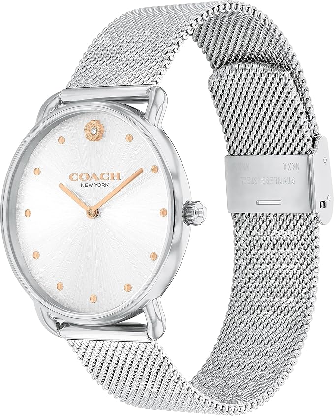 Coach Elliot women's watch shown from angle with full mesh bracelet extended