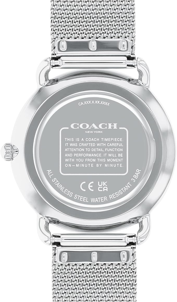Coach Elliot watch caseback showing stainless steel water-resistant case construction