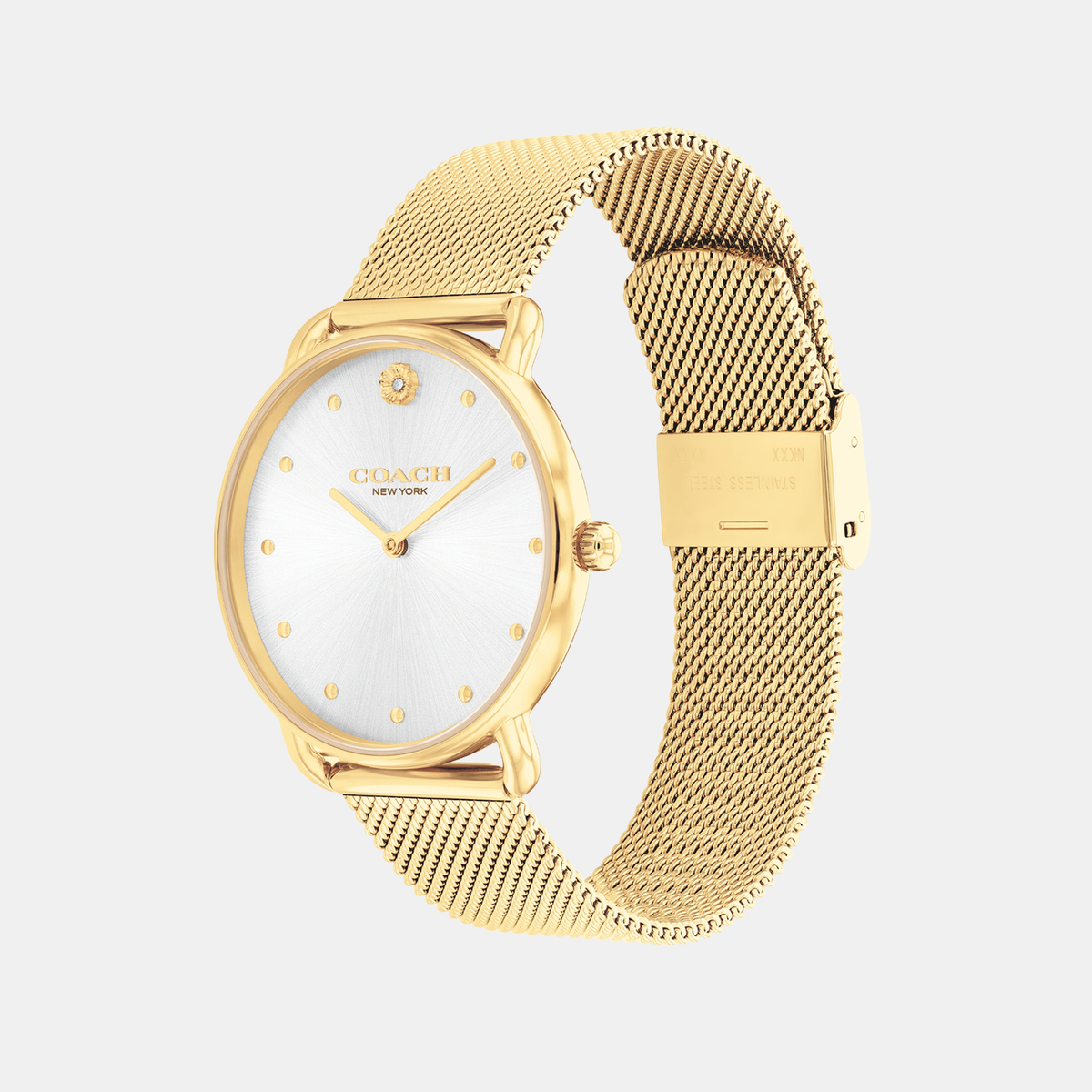 Coach Elliot 36mm gold watch with silver dial at angle showing mesh bracelet