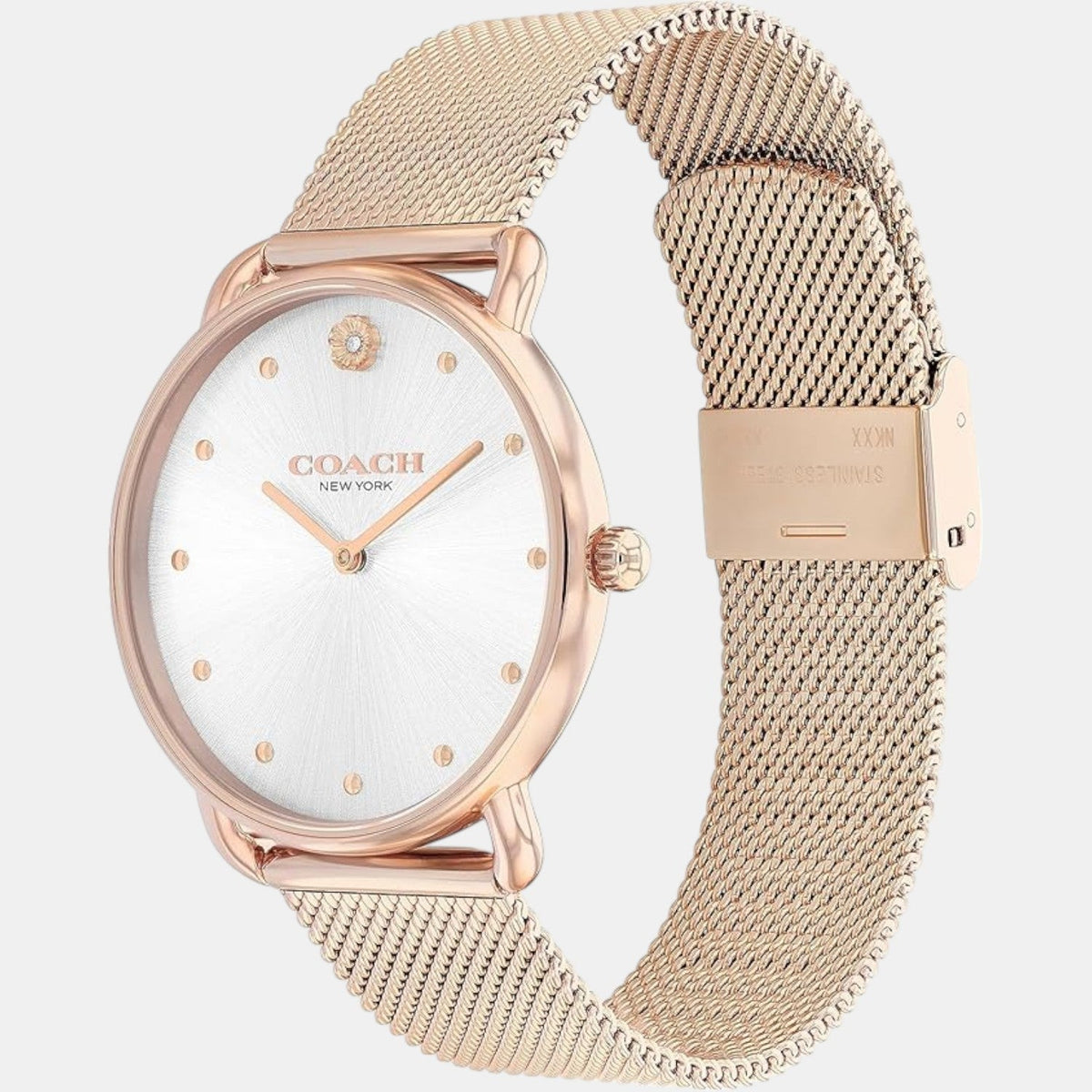 COACH Elliot watch displayed at angle showing rose gold mesh bracelet and white dial