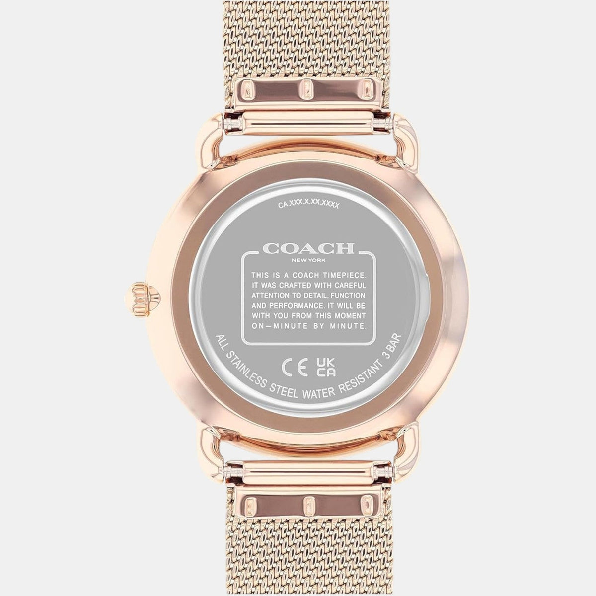 COACH Elliot caseback showing stainless steel case and water resistant specification