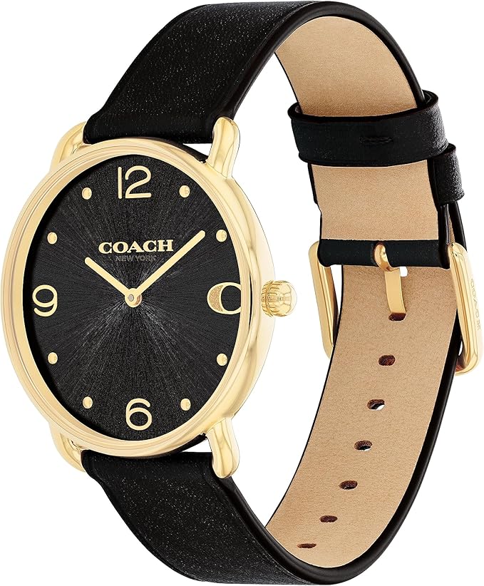 COACH Elliot watch showing angle view of case and black leather strap with tan interior