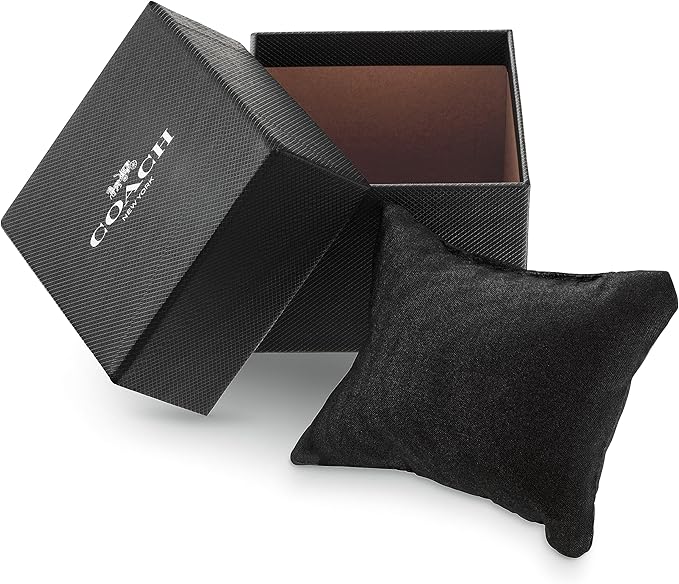 COACH Elliot watch packaging with branded box and black pillow presentation