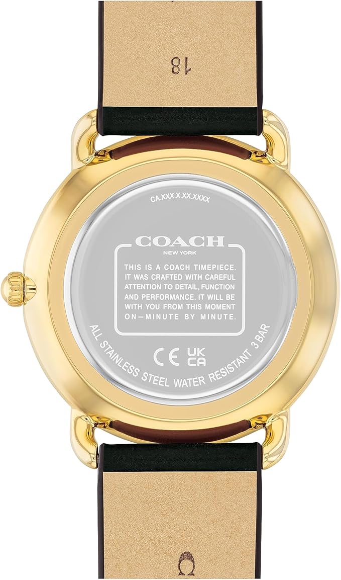 COACH Elliot watch caseback showing stainless steel water resistant closure
