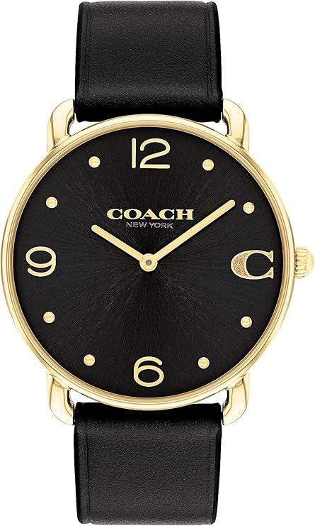 COACH Elliot women's watch with black dial, gold-tone case, and black leather strap
