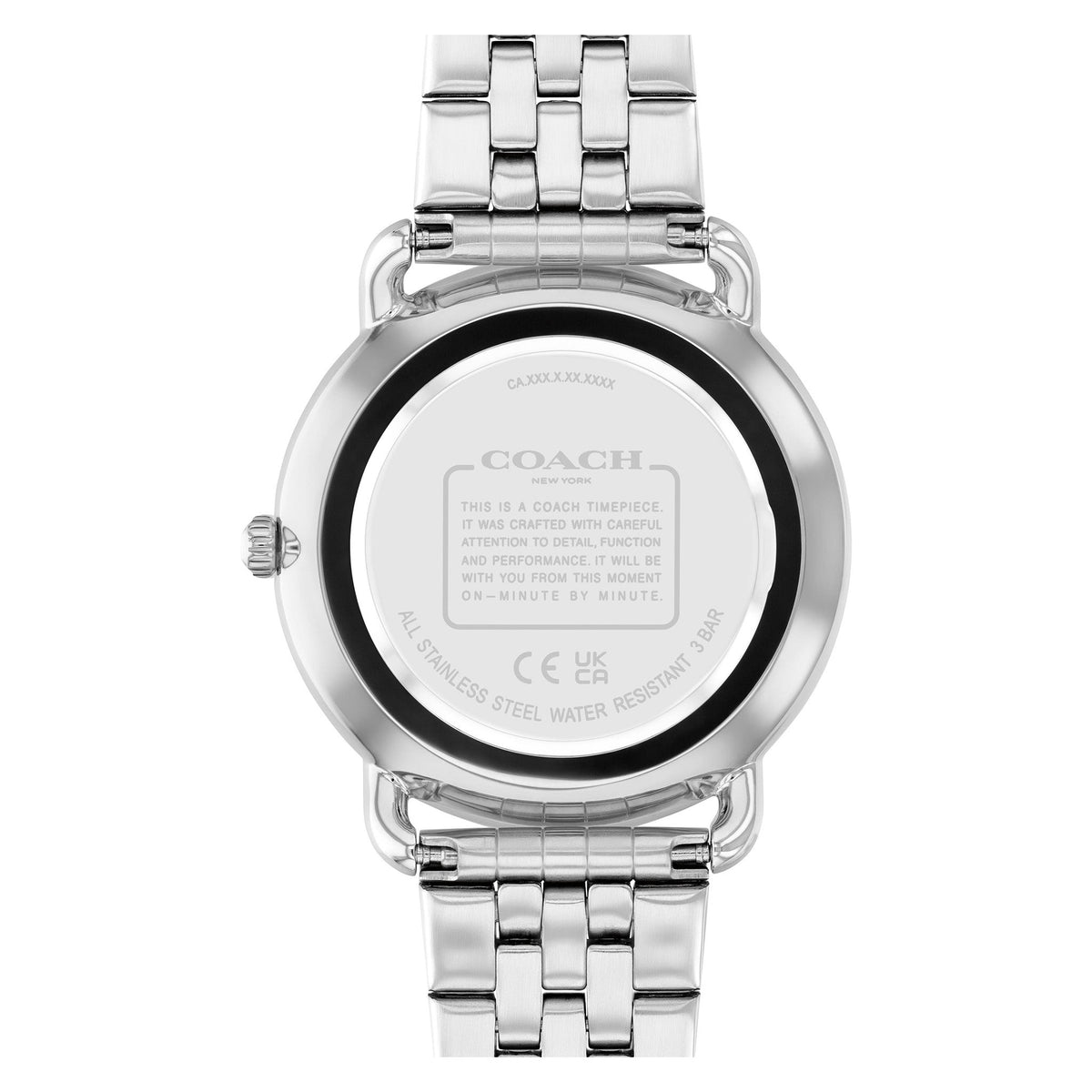 Coach Elliot watch caseback showing stainless steel construction and engraved details