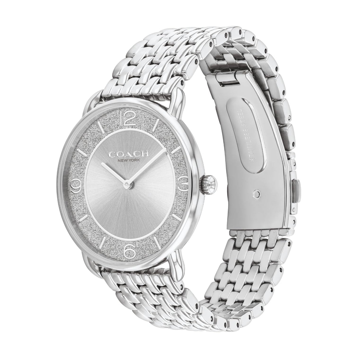 Coach Elliot women's watch angled view showing dial and stainless steel bracelet