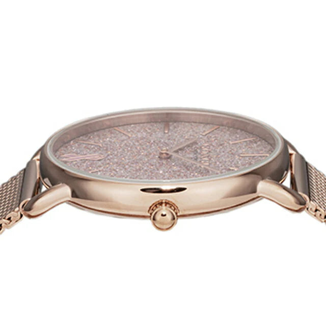 Side view of Coach Elliot watch showing rose gold case profile and mesh strap