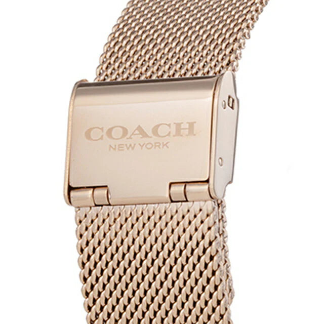 Coach rose gold mesh strap with engraved buckle closure and Coach New York branding