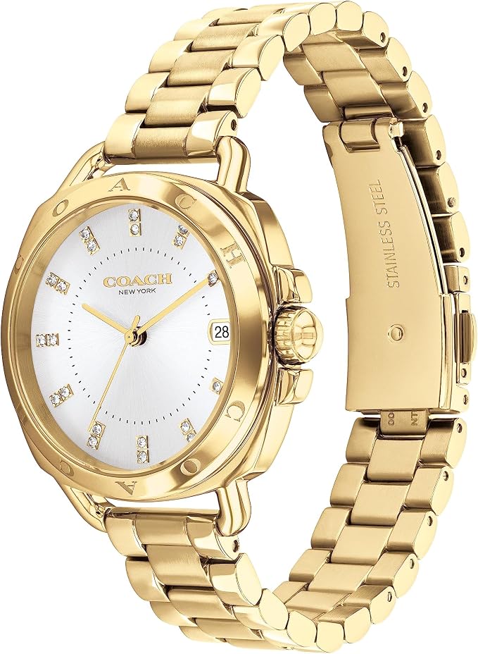 Coach gold ionic plated steel watch shown from front and side angles with matching bracelet