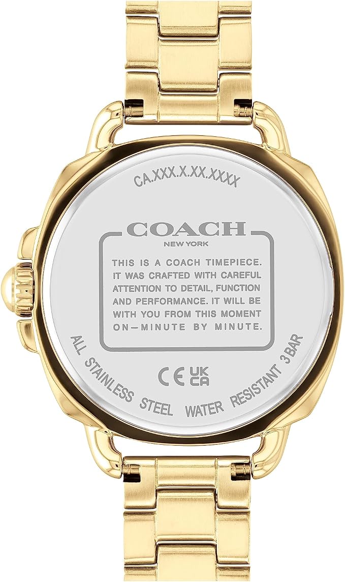 Coach watch caseback showing stainless steel construction and water resistance details