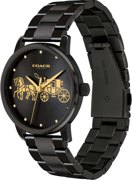 Coach Grand black stainless steel watch with gold indices and link bracelet at angle