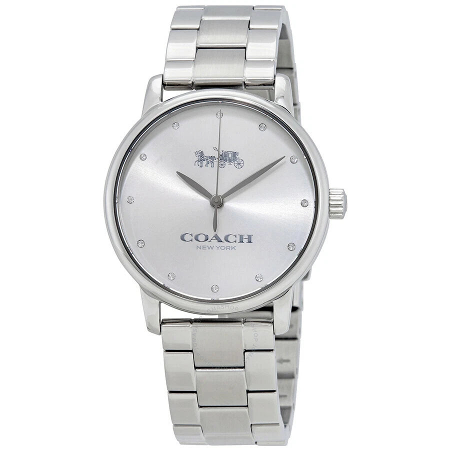 Coach Grand silver dial stainless steel women's watch with diamond hour markers and link bracelet