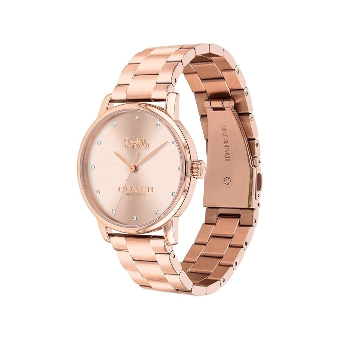 Coach Grand ladies watch from angle showing rose gold bracelet and champagne dial
