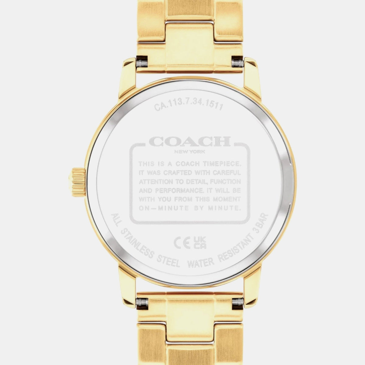 Coach Grand watch caseback with stainless steel water resistance text