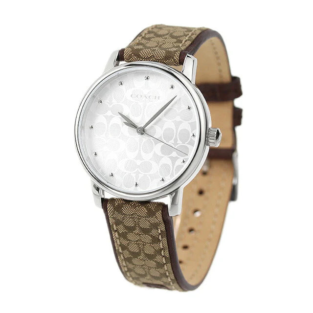 Coach Grand watch at angle showing white dial and khaki signature fabric strap