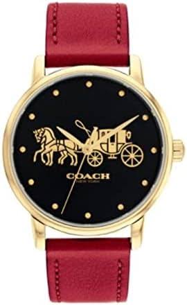 Coach Grand women's watch with black dial, goldtone case, and red leather strap