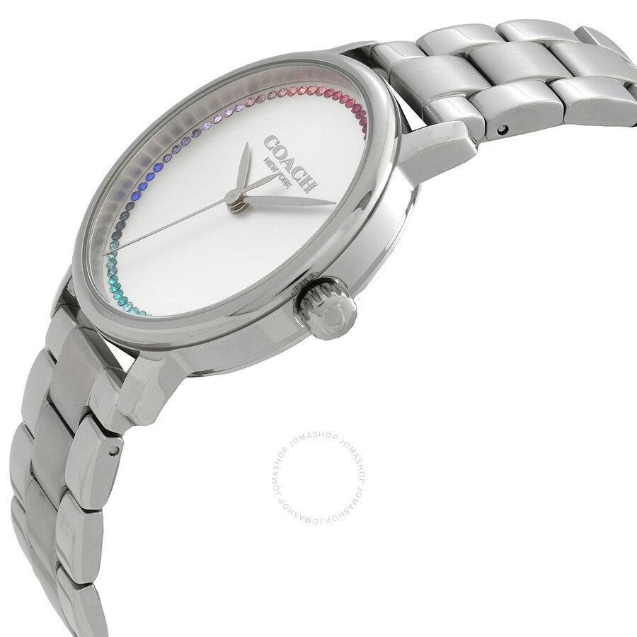 Coach Grand watch angled view showing silver dial with multicolor crystal bezel and steel link bracelet