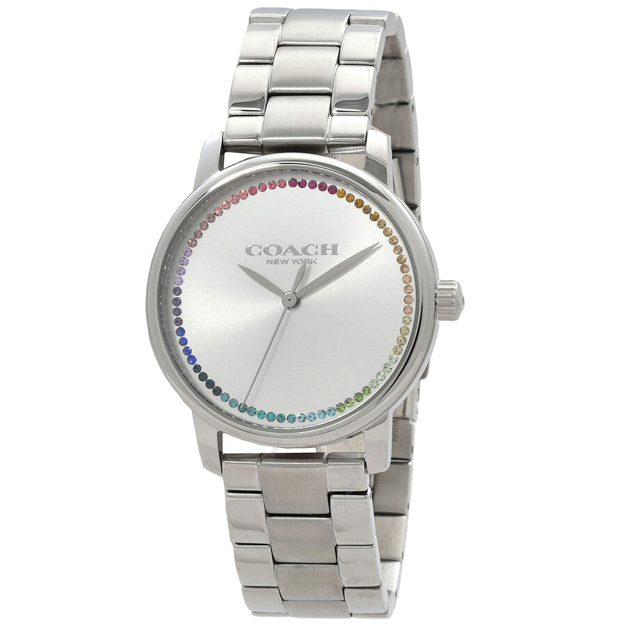 Coach Grand silver dial ladies watch with colorful crystal bezel and stainless steel bracelet