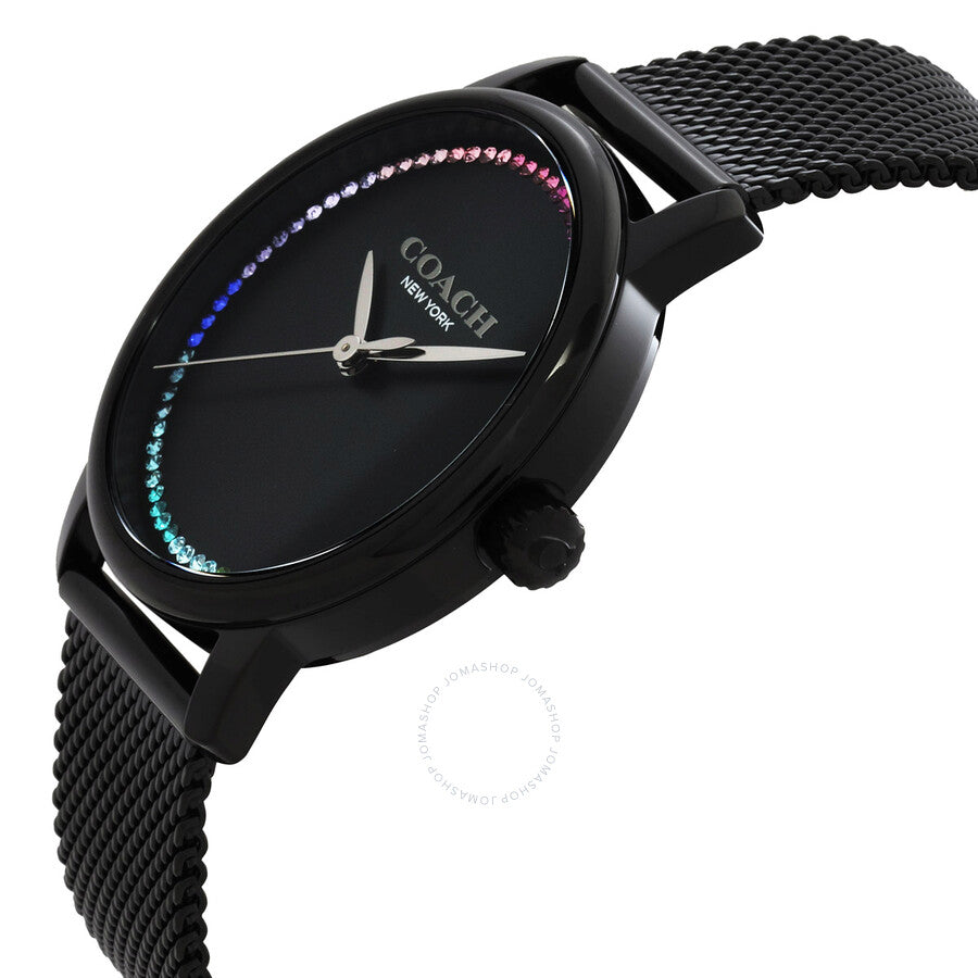Coach Grand ladies watch side view showing black mesh strap and crystal-set bezel