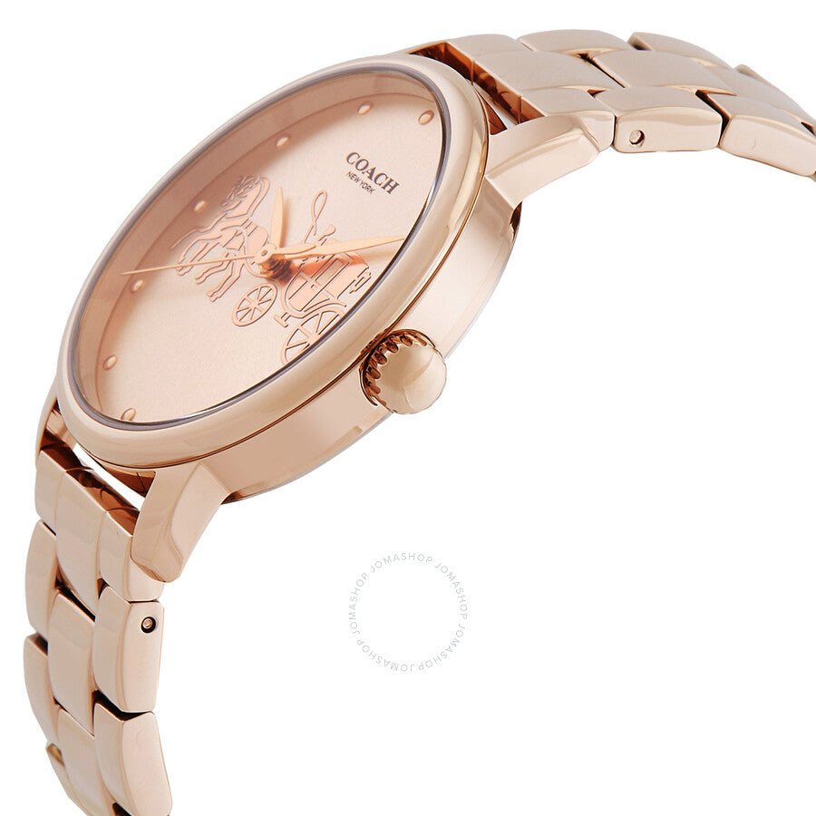 Coach Grand ladies watch side view showing carnation gold dial and rose gold-tone metal bracelet