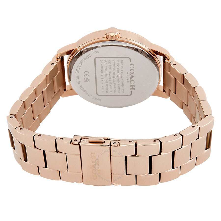 Coach Grand ladies watch caseback showing rose gold-tone stainless steel case and bracelet