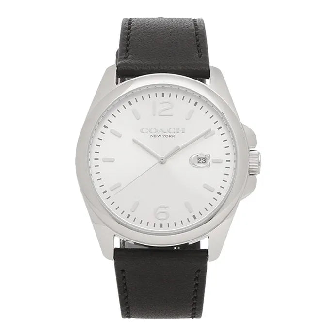 Coach Grayson men's watch with white dial, silver case, and black leather strap