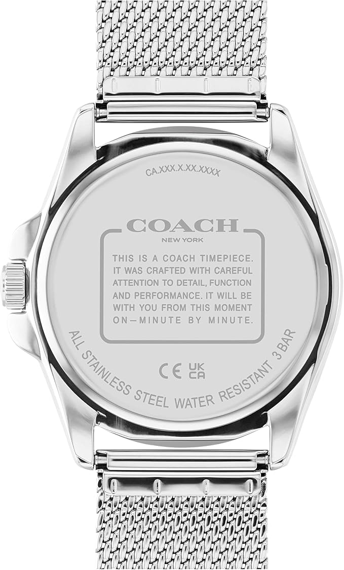 Coach Grayson caseback showing stainless steel water resistant 30m case and timepiece information