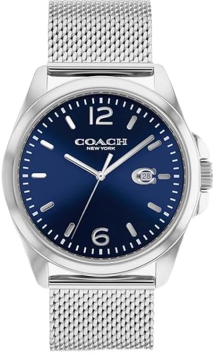 Coach Grayson men's watch with navy dial, stainless steel mesh strap, and white hour markers