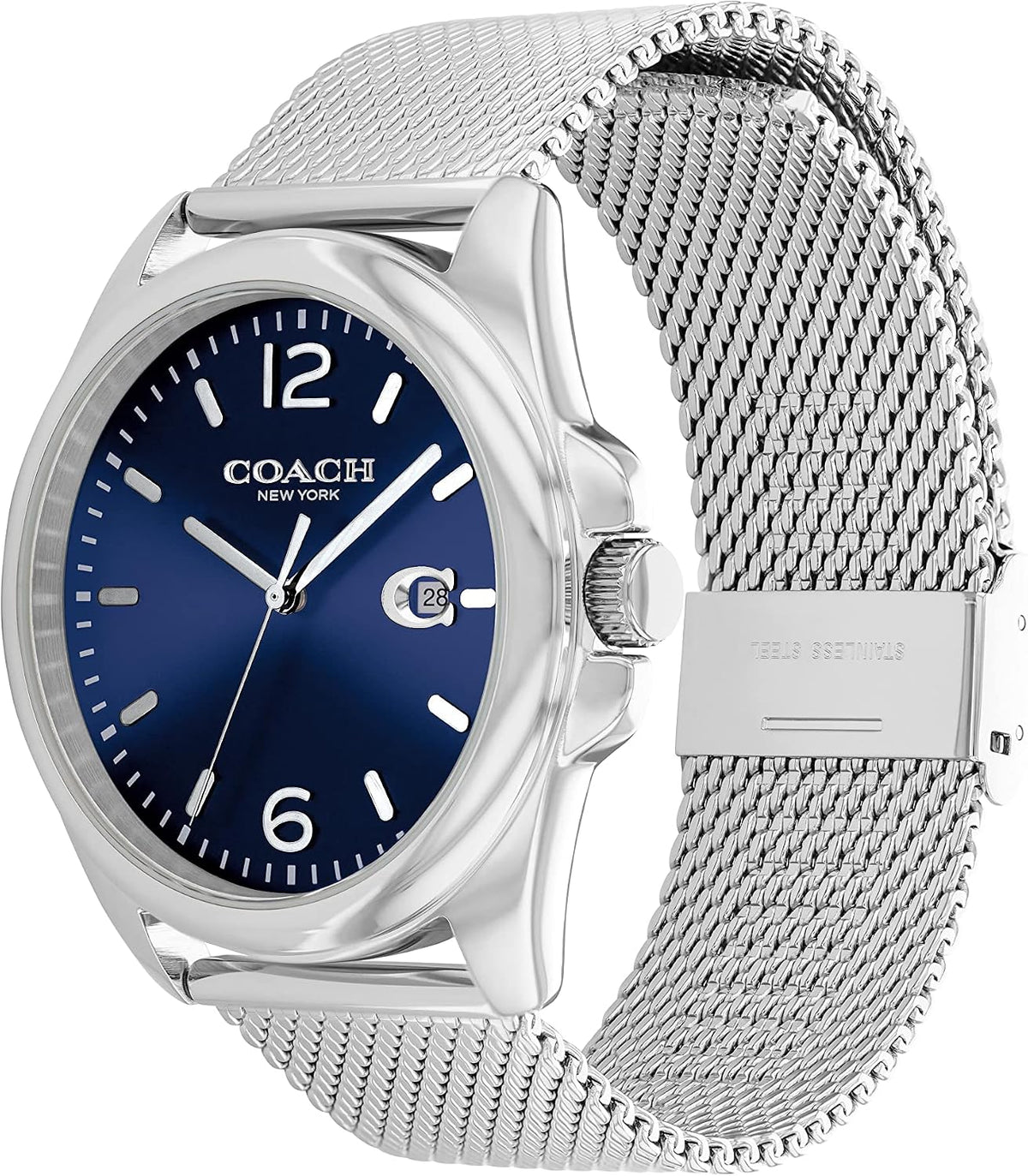 Coach Grayson watch worn on wrist showing stainless steel mesh band and navy blue dial