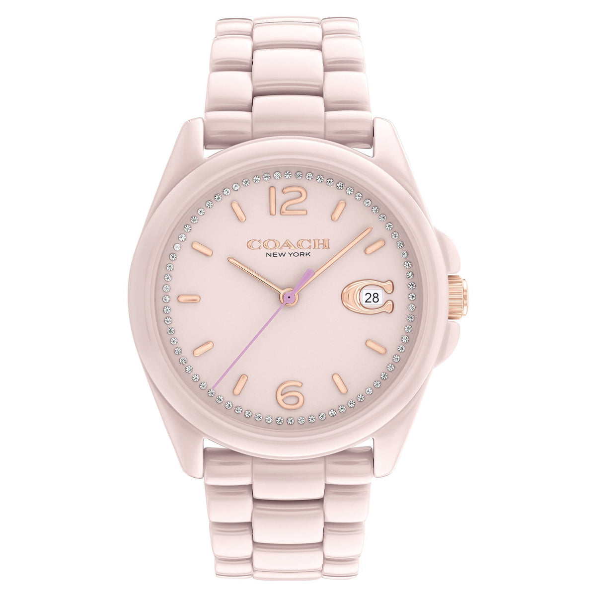 Coach Greyson pink ceramic women's watch with blush dial and rose gold numerals