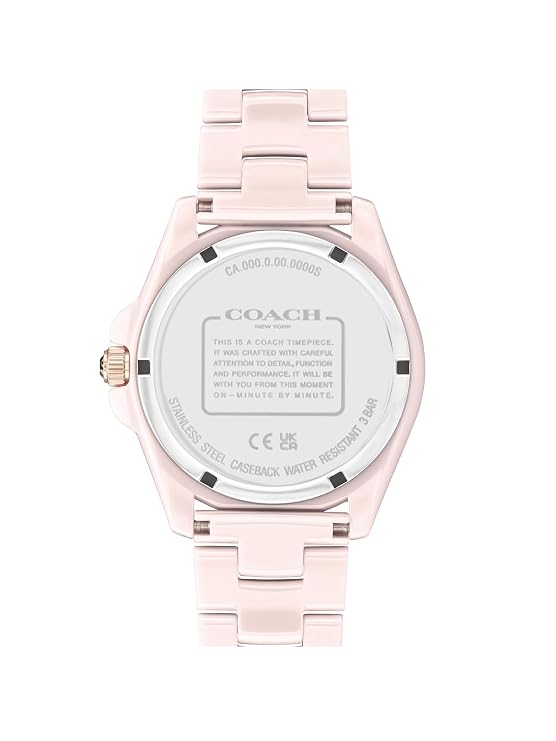 Coach Greyson watch caseback with engraved Coach branding and specifications